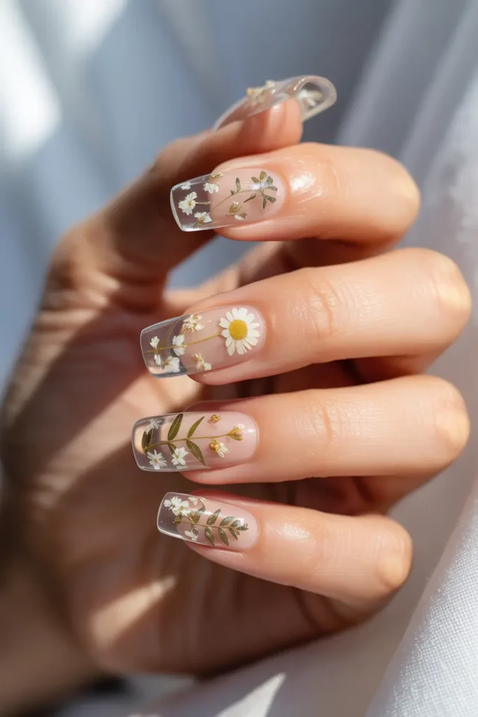 Clear Nails with Embedded Florals