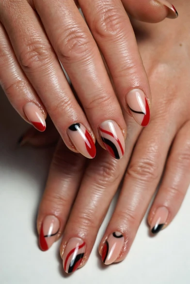Abstract Red and Black Mixed Art Almond Nails