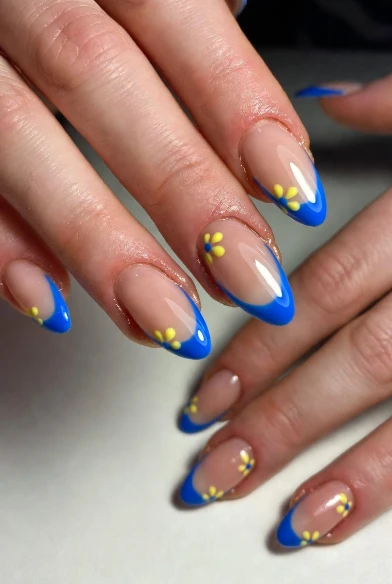 Almond French Tips with Blue Edges and Yellow Flowers