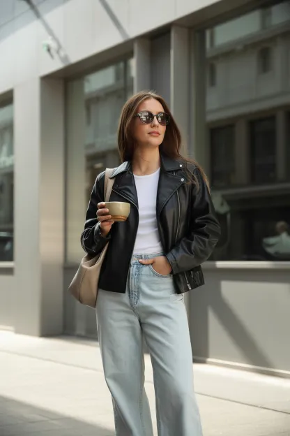Black Leather Jacket With White Tee and Wide Leg Jeans