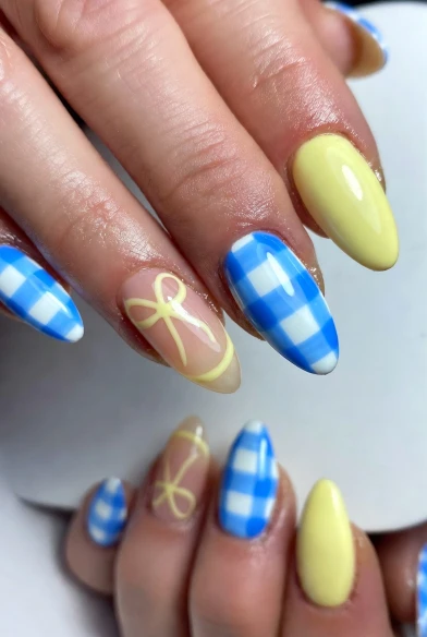 Blue Gingham and Yellow Pastel Nails
