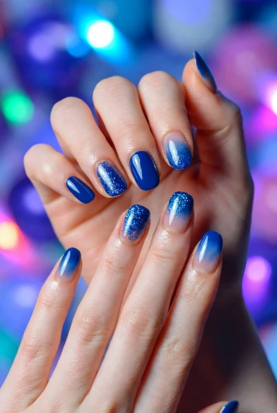 Blue Glitter Accent Nails