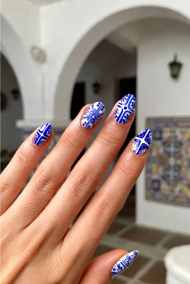 Blue and White Tile Pattern Nails