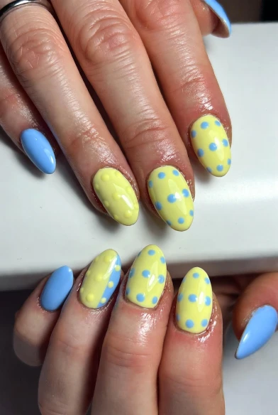 Blue and Yellow Polka Dot Nails