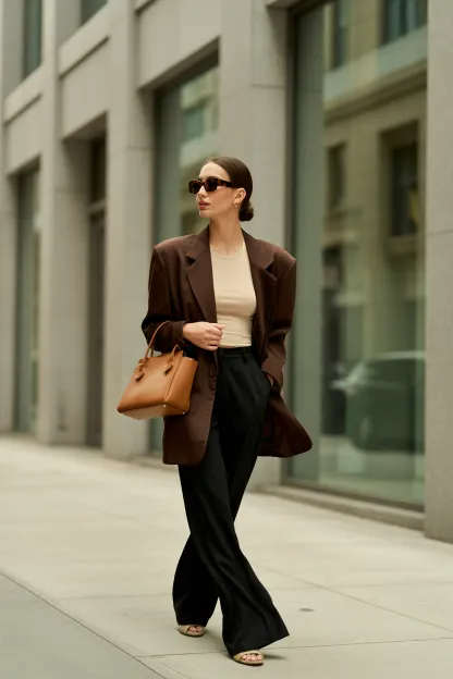 Brown Jacket With Black Wide Leg Trousers