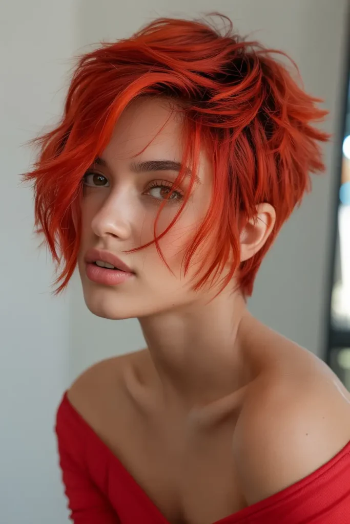 Choppy Long Pixie with Natural Red