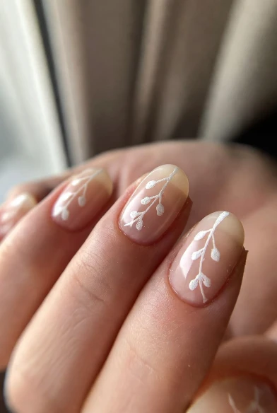 Cream Nails With Tiny Branch Art