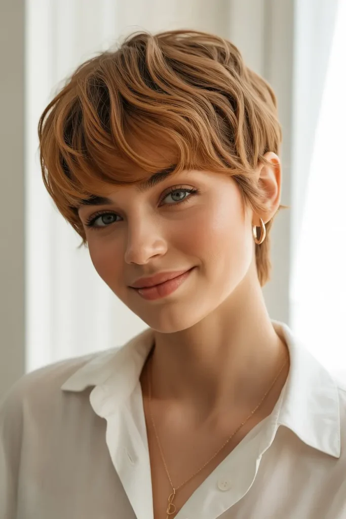 Curved Fringe Pixie with Warm Caramel 