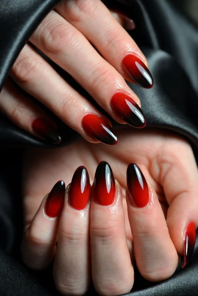 Dark Ombre Almond Nails in Red and Black