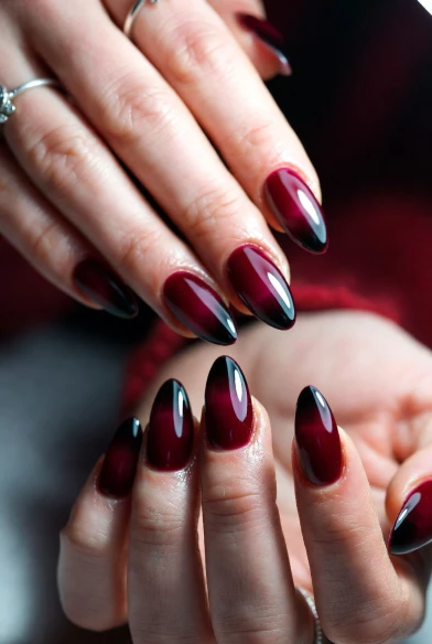 Deep Wine Ombre Almond Nails