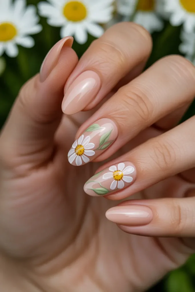 Floral Accent Nails on Almond Shape 