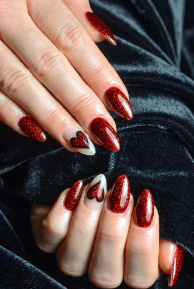 Glitter Red Almond Nails with Heart Accent Art