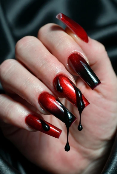 Glossy Drip Ombre Coffin Nails in Red and Black