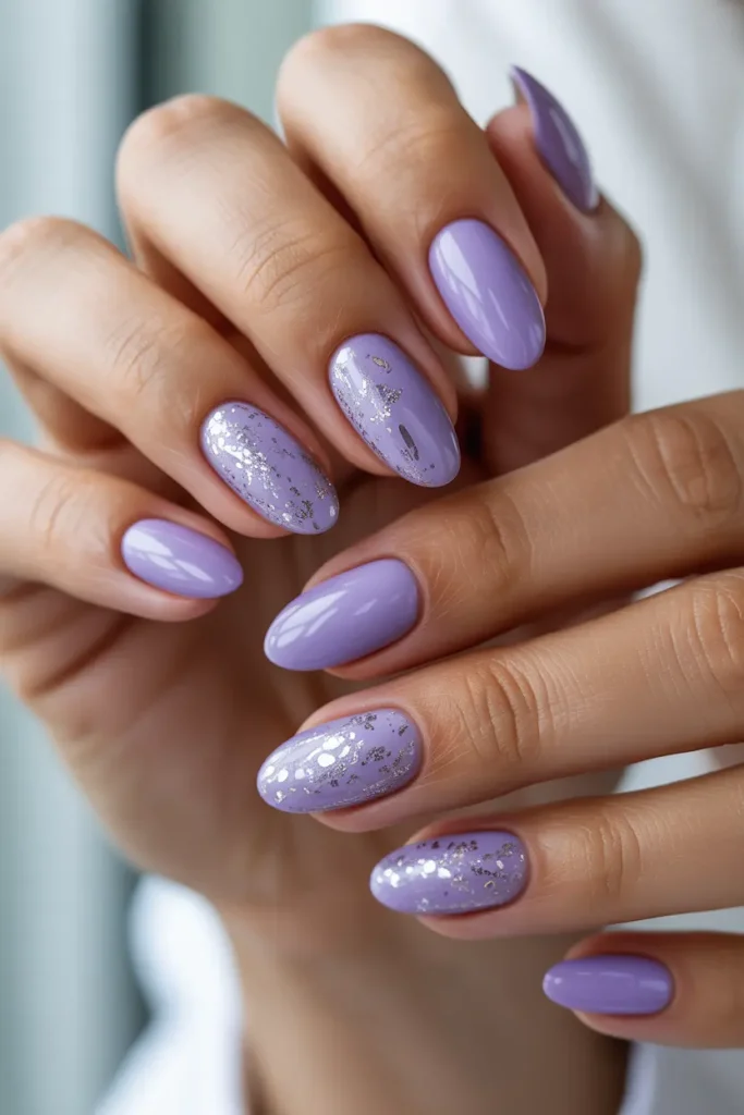 Glossy Lilac Nails with Silver Glitter