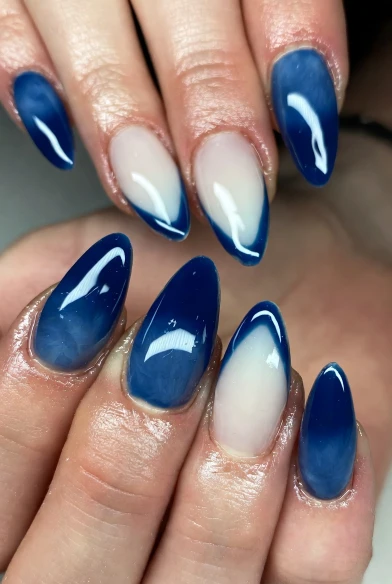 Glossy Navy and White Almond Nails