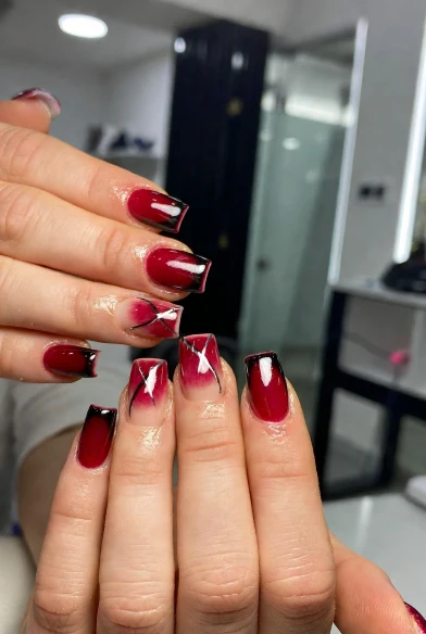 Glossy Ombre Square Nails with Fine Line Accents