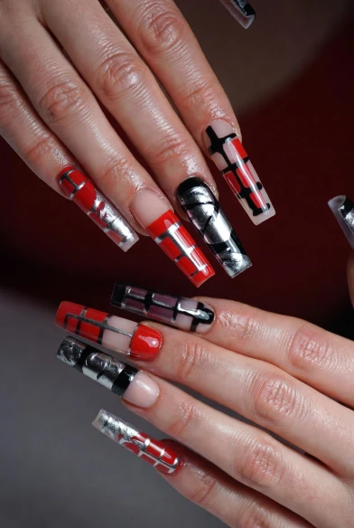 Graphic Grid and Abstract Coffin Nails in Red, Black, and Silver