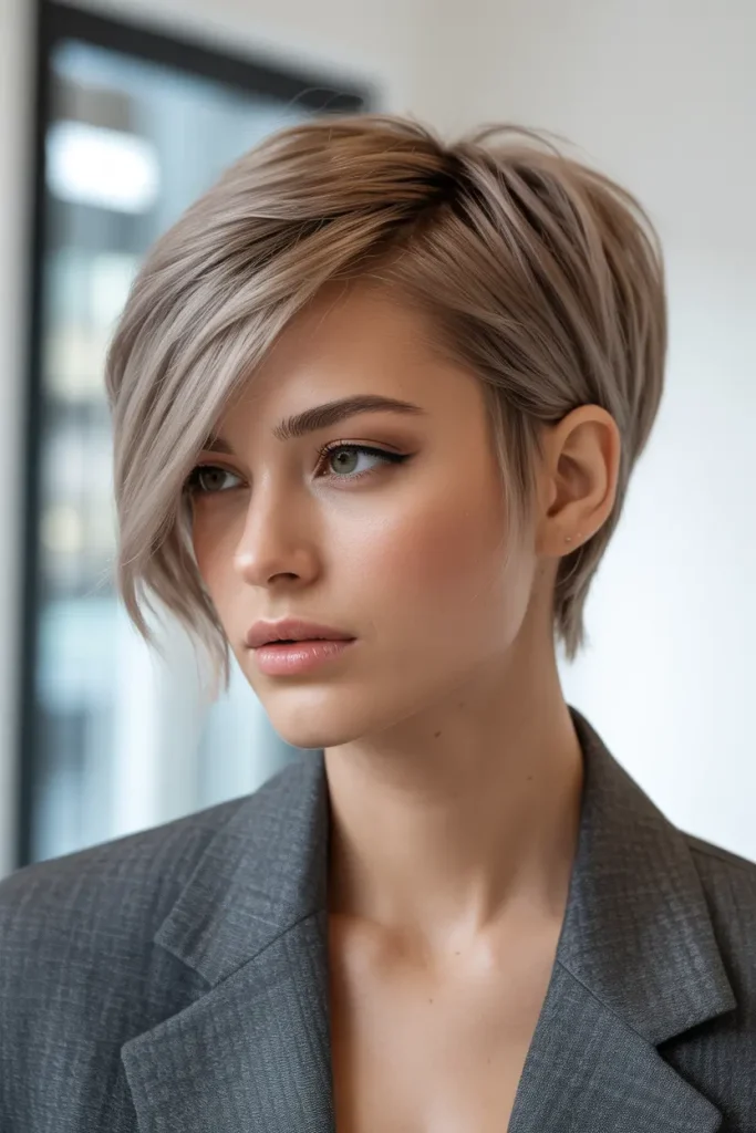 Layered Side Pixie with Ash Blonde 