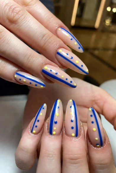 Long Almond Stripe and Dot Nails