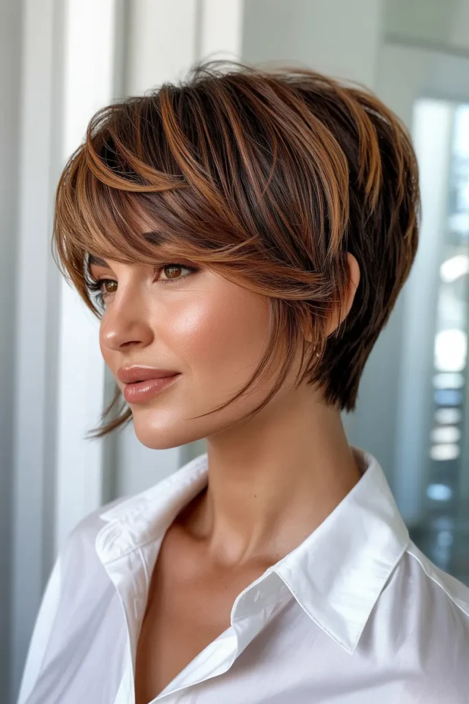 Long Pixie with Face-Framing Highlights in Brown 