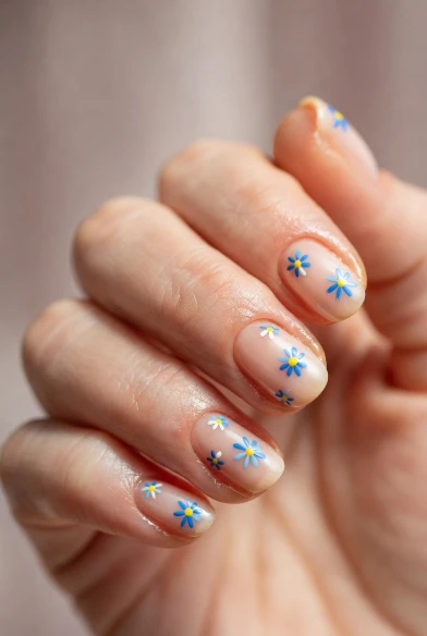 Minimal Blue Daisy Nude Nails