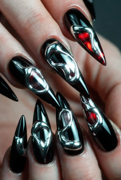 Molten Chrome Stiletto Nails in Black, Silver, and Deep Red
