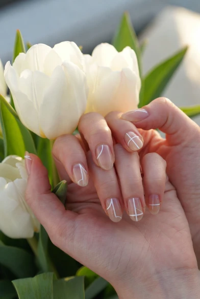 Nude Nails With White Line Art