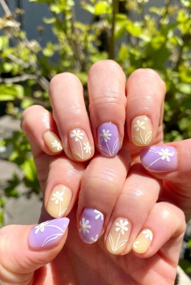 Pale Yellow and Lilac Floral Nails