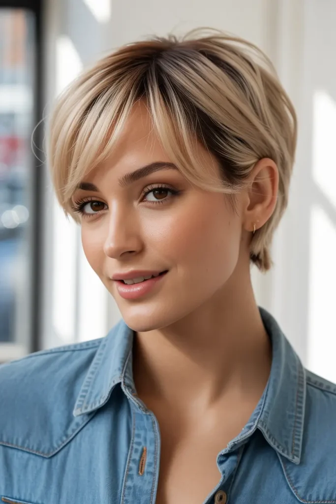 Pixie with Grown-Out Bangs in Deep Blonde