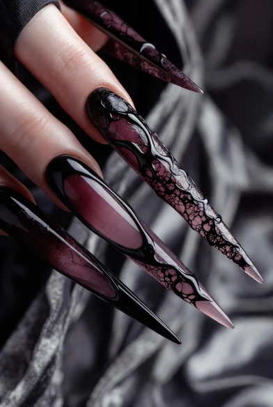 Sculpted Stiletto Nails in Burgundy and Black