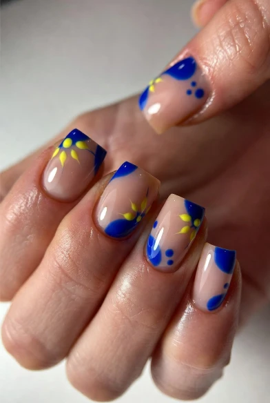 Short Square Nails with Abstract Blue Art