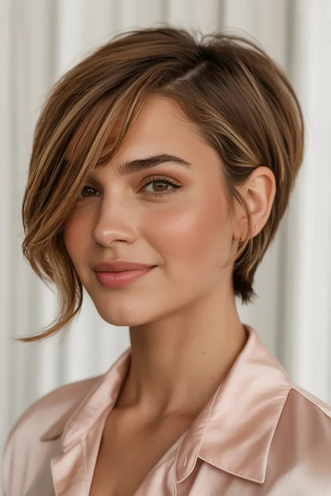 Side-Swept Long Pixie with Light Brown 