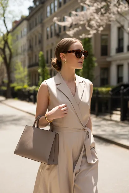 Sleeveless Beige Wrap Dress With Elegant Accessories