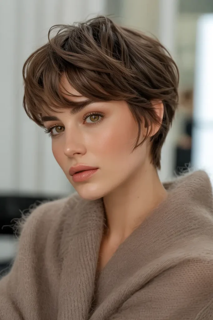 Smoky Brown Wispy Pixie Cut