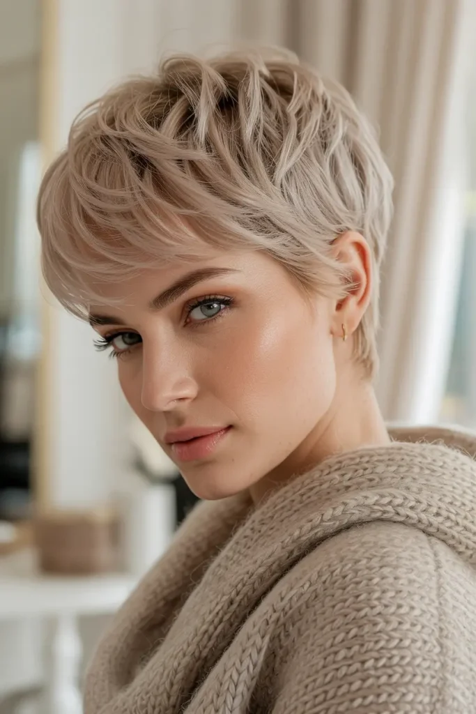 Soft Ash Blonde Feathered Pixie