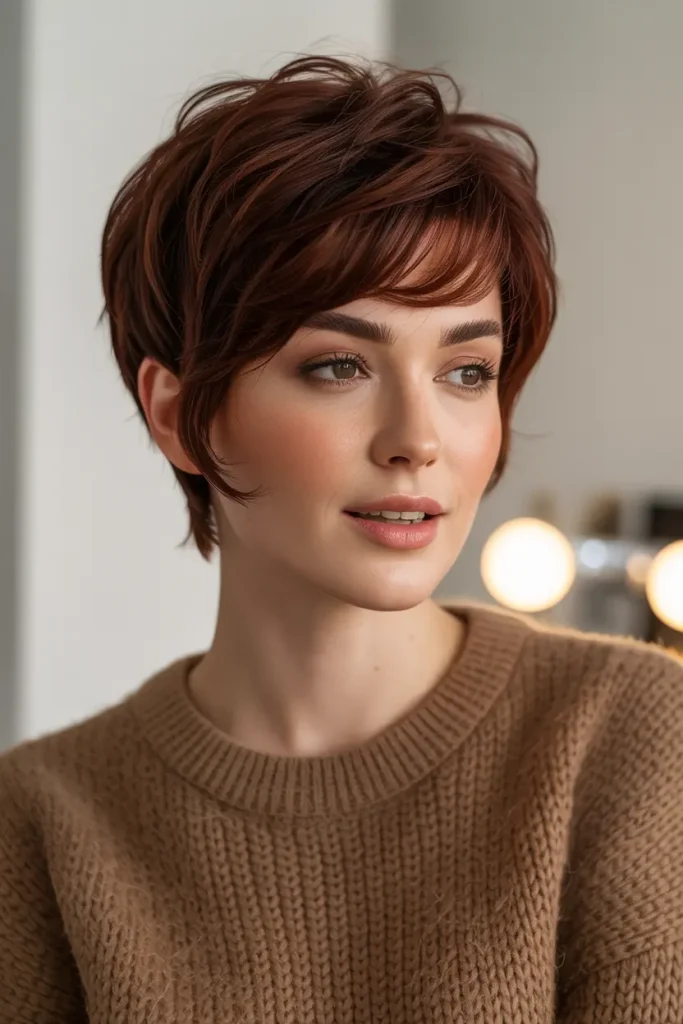 Voluminous Top Pixie with Dark Auburn
