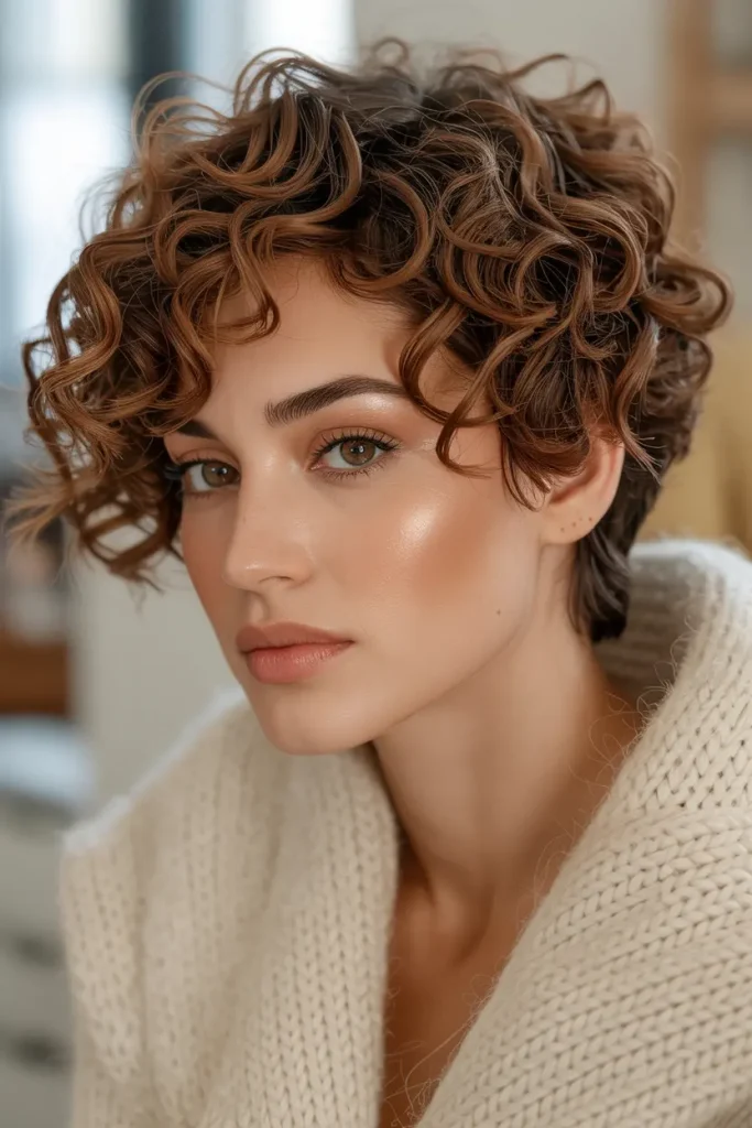 Warm Chestnut Curly Pixie Cut