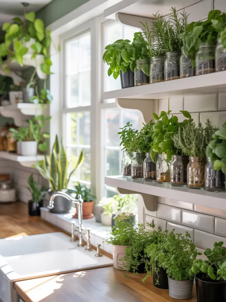 Herb-filled organic kitchen shelves with indoor plants near a sunny window