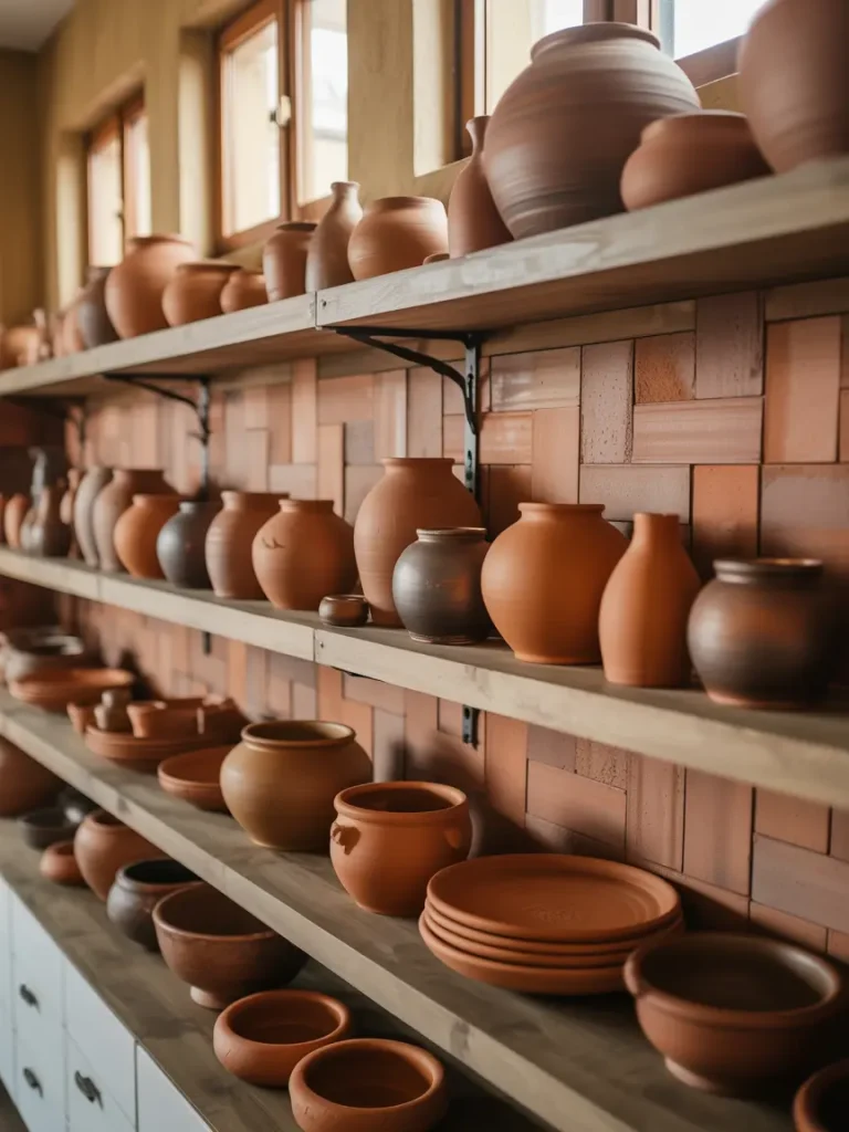 Open shelves with clay pots and terracotta decor in a warm organic kitchen