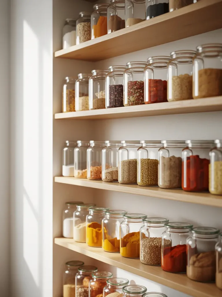 Open pantry shelves with clear glass jars for organic kitchen storage