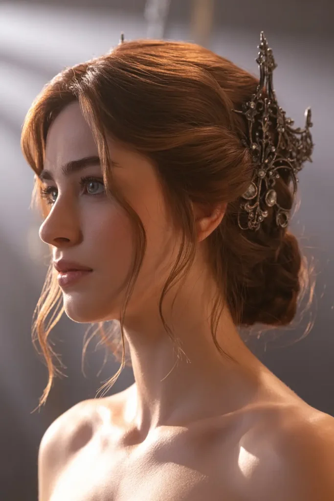 dark romantic updo for medium hair with soft face framing pieces