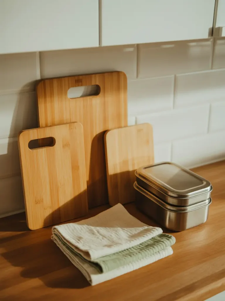 Bamboo cutting boards, metal containers and cotton cloth in an eco-friendly kitchen