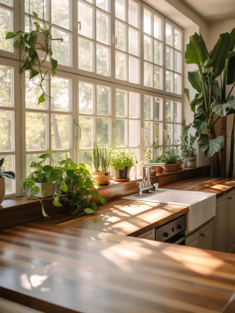 Organic kitchen with big windows, indoor plants and warm natural sunlight