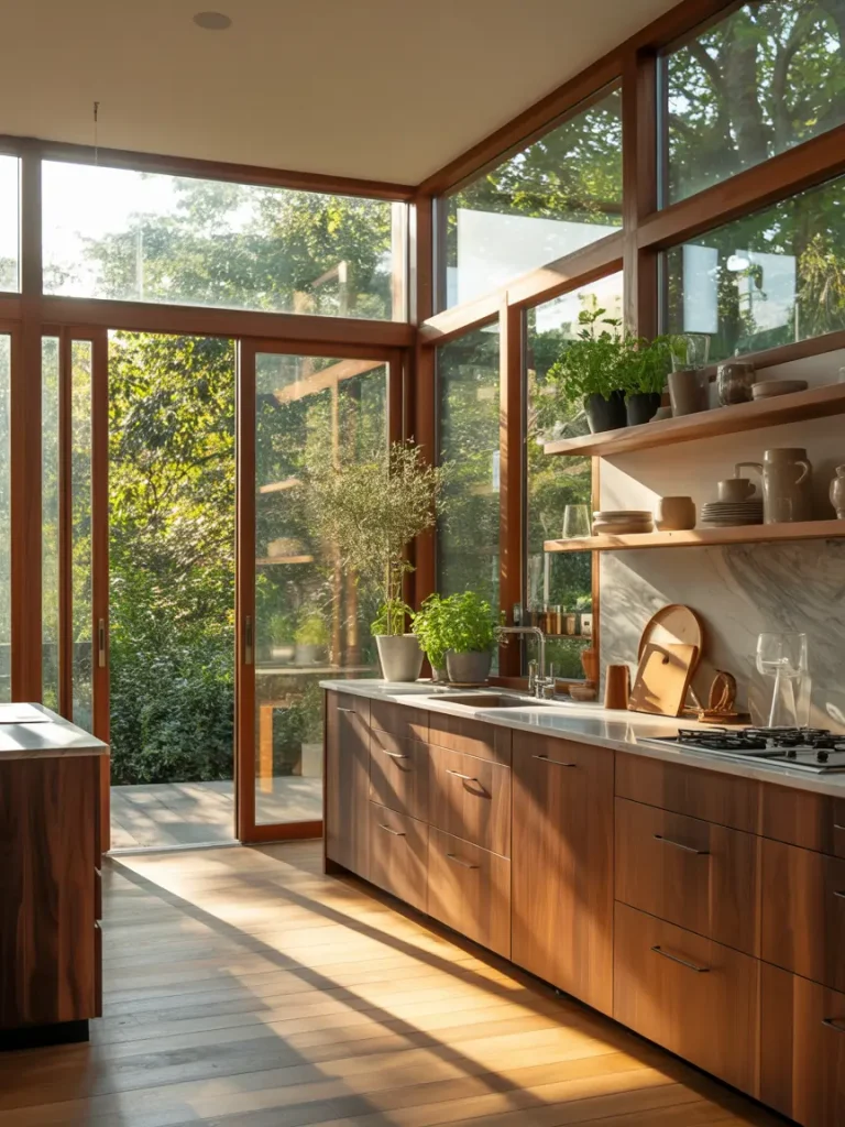 Sun-filled organic kitchen with floor-to-ceiling windows and warm wooden cabinets