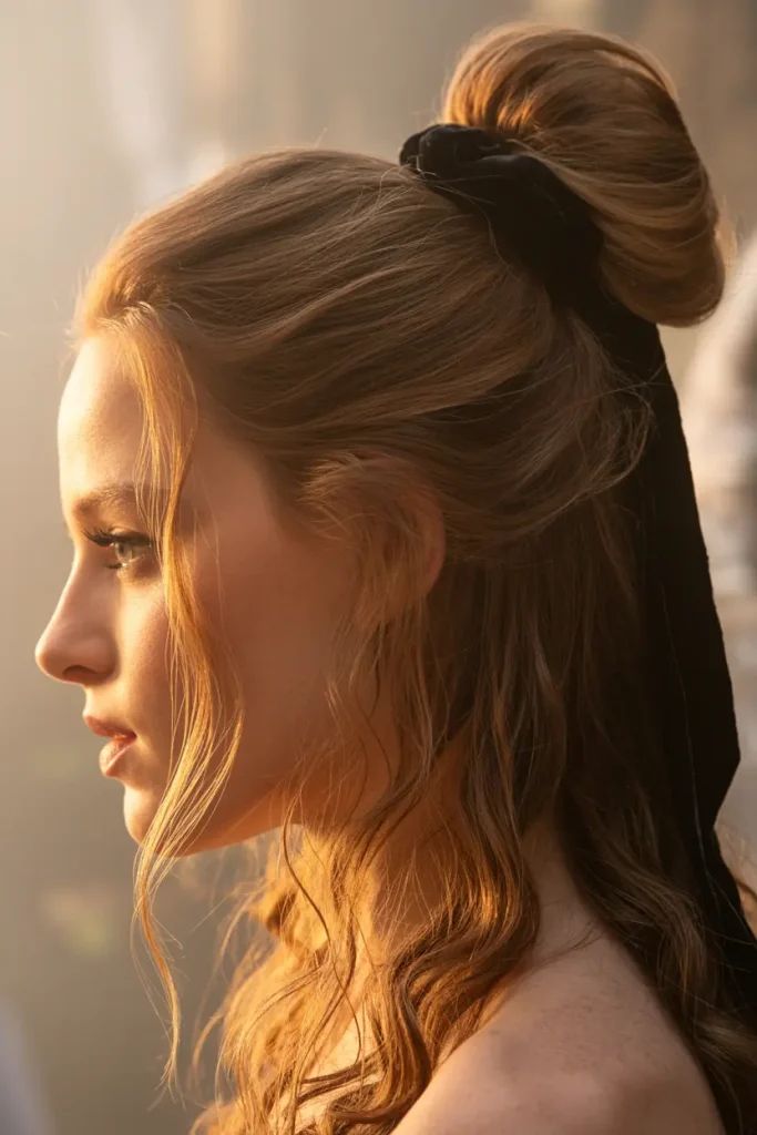 messy witch bun hairstyle for medium hair with soft loose strands