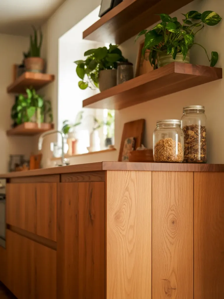 Organic kitchen with natural wood cabinets, floating shelves, glass jars and plants