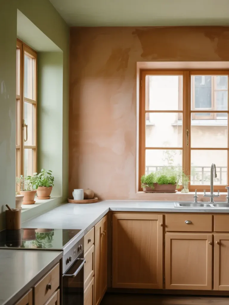 Organic kitchen with soft earthy painted walls and natural wood cabinets