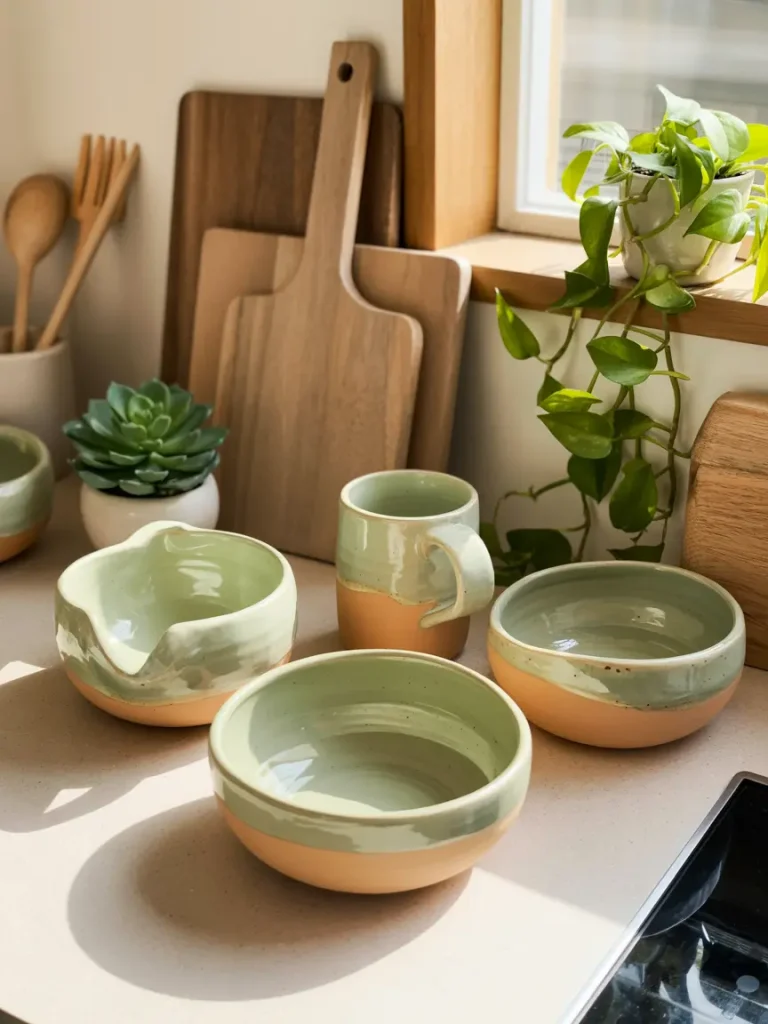 Earthy ceramic bowls and mugs on a warm organic kitchen counter