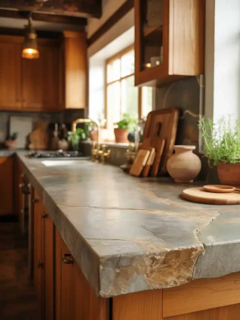 Rustic organic kitchen with thick natural stone countertops and wooden cabinets