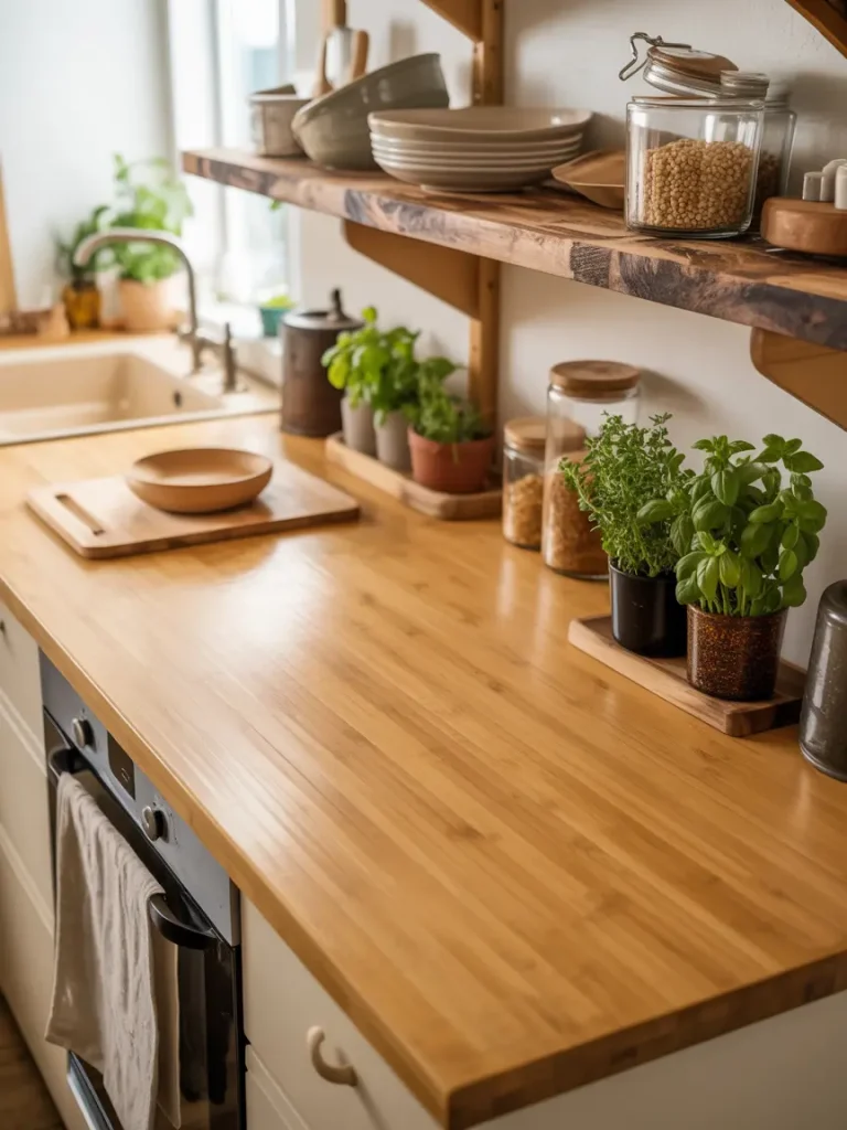 Bright organic kitchen with bamboo countertops, herbs and wooden shelves